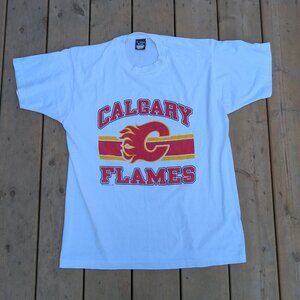 Vintage 1988 Single Stitch T-Shirt Men's XL White Calgary Flames Ice Hockey